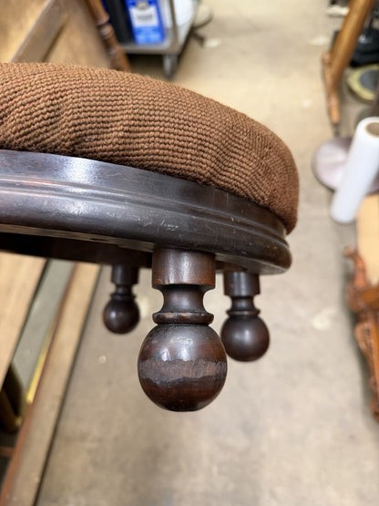 Antique Victorian Round Needlepoint Small Footstool Ottoman w/ 5 Walnut Bun Feet