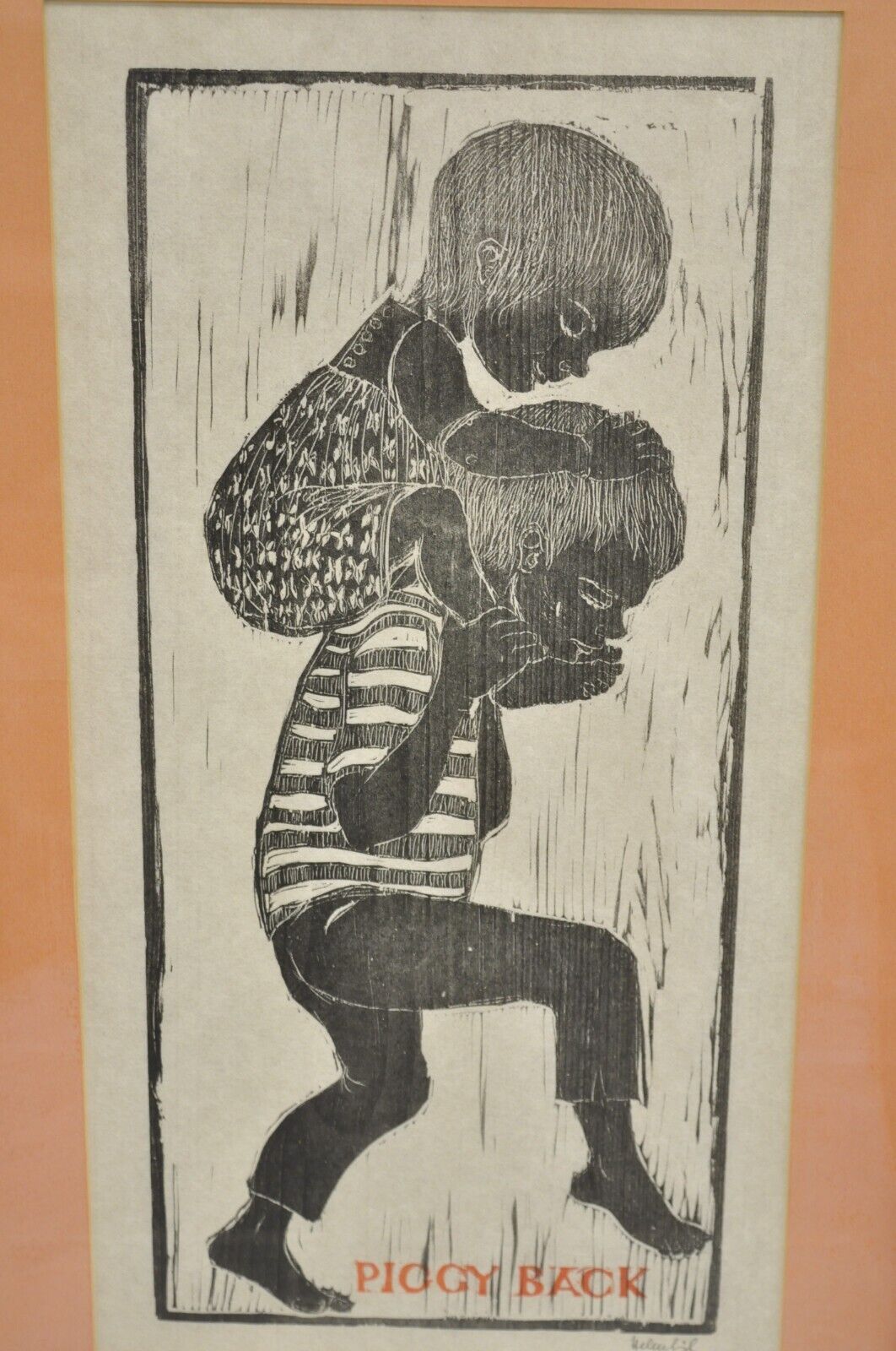 Vintage Helen Siegl "Piggy Back" 1950s Woodcut Print Framed Mid Century Art