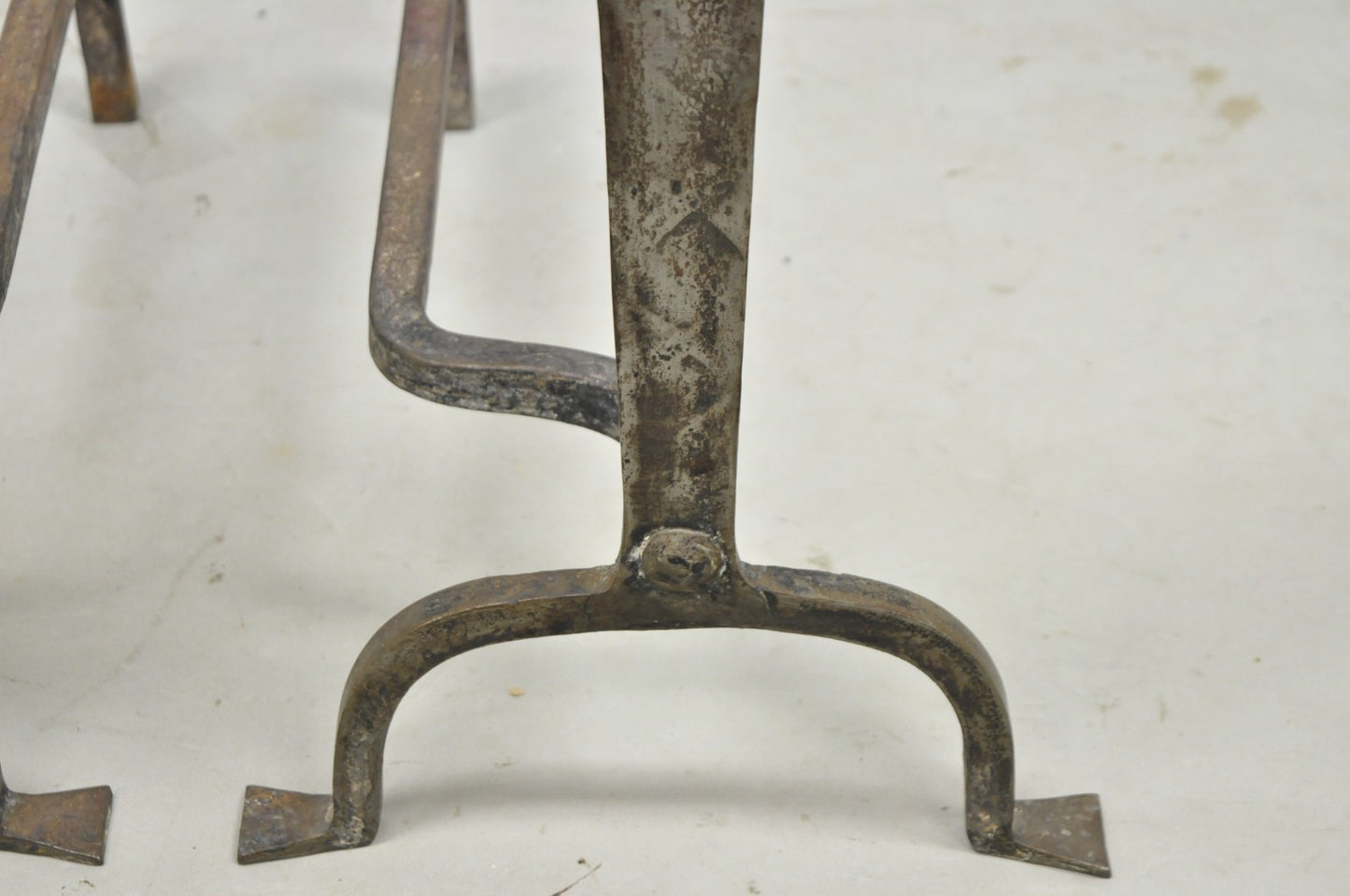 Antique French Art Nouveau Hand Hammered Wrought Iron & Bronze Andirons - a Pair