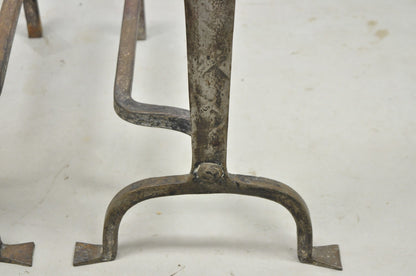 Antique French Art Nouveau Hand Hammered Wrought Iron & Bronze Andirons - a Pair