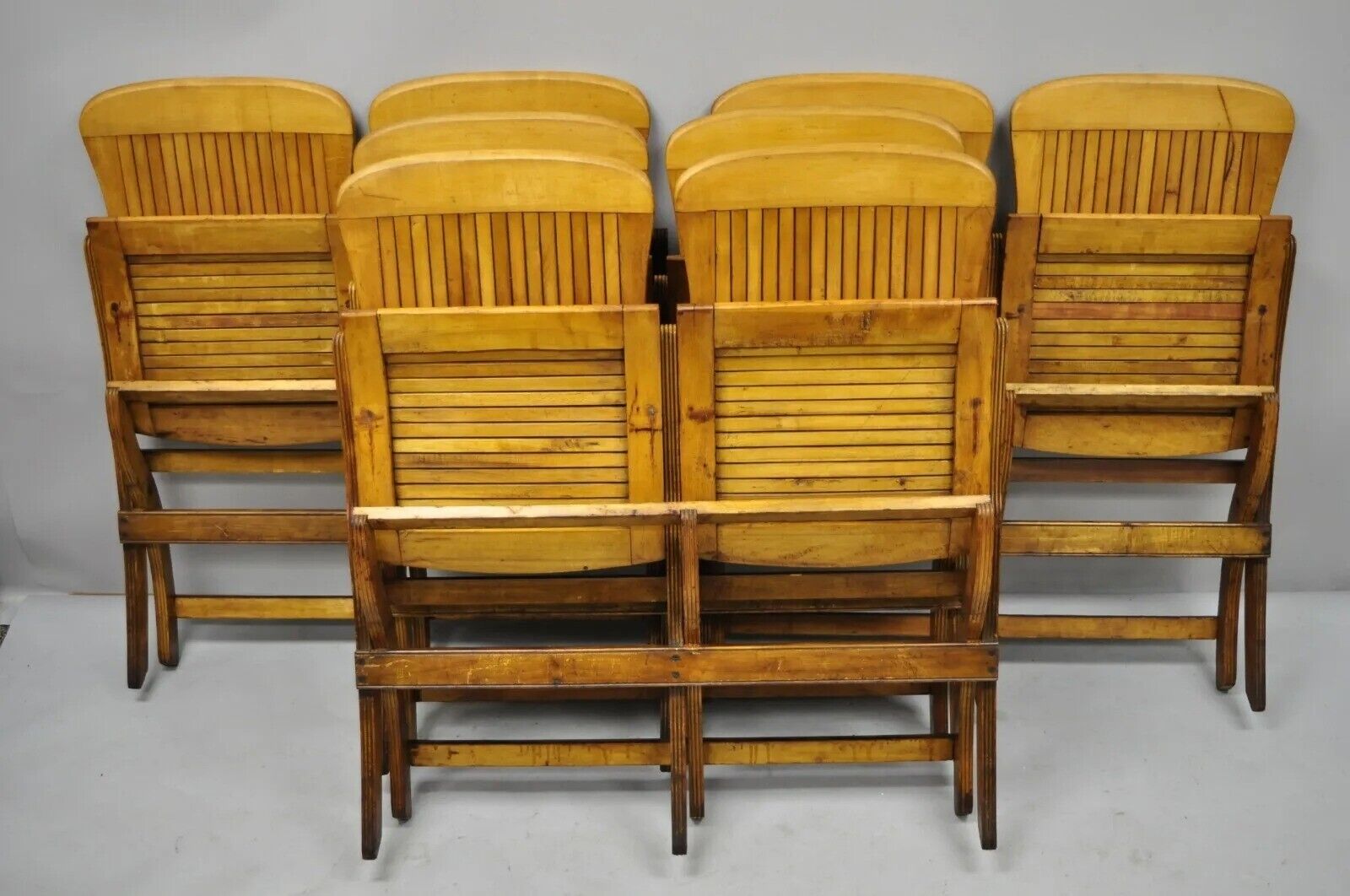 Antique Vintage Wood Slat Double Folding Theater Seat School Chair Old Bench