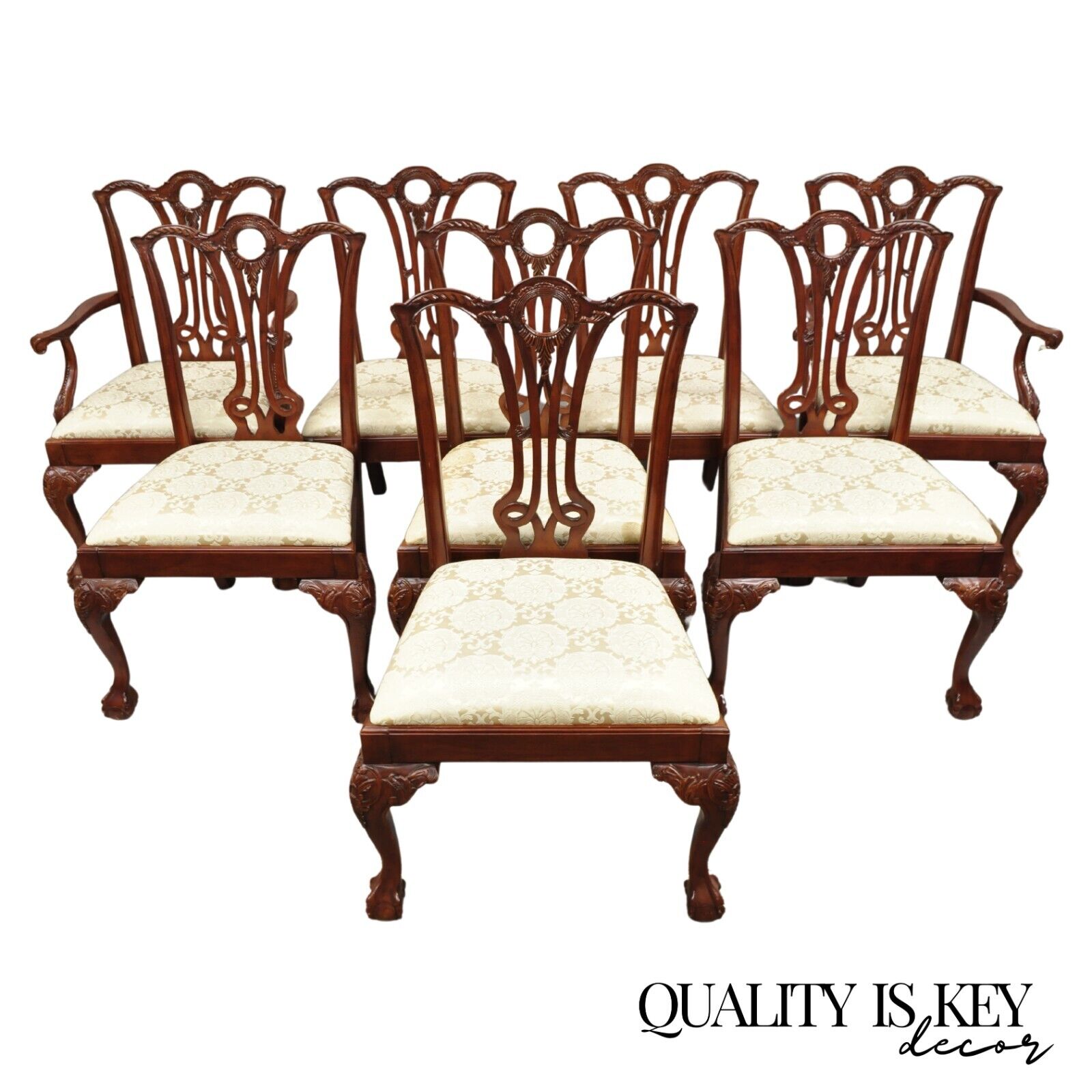 Chippendale Style Carved Mahogany Ball and Claw Dining Room Chairs - Set of 8