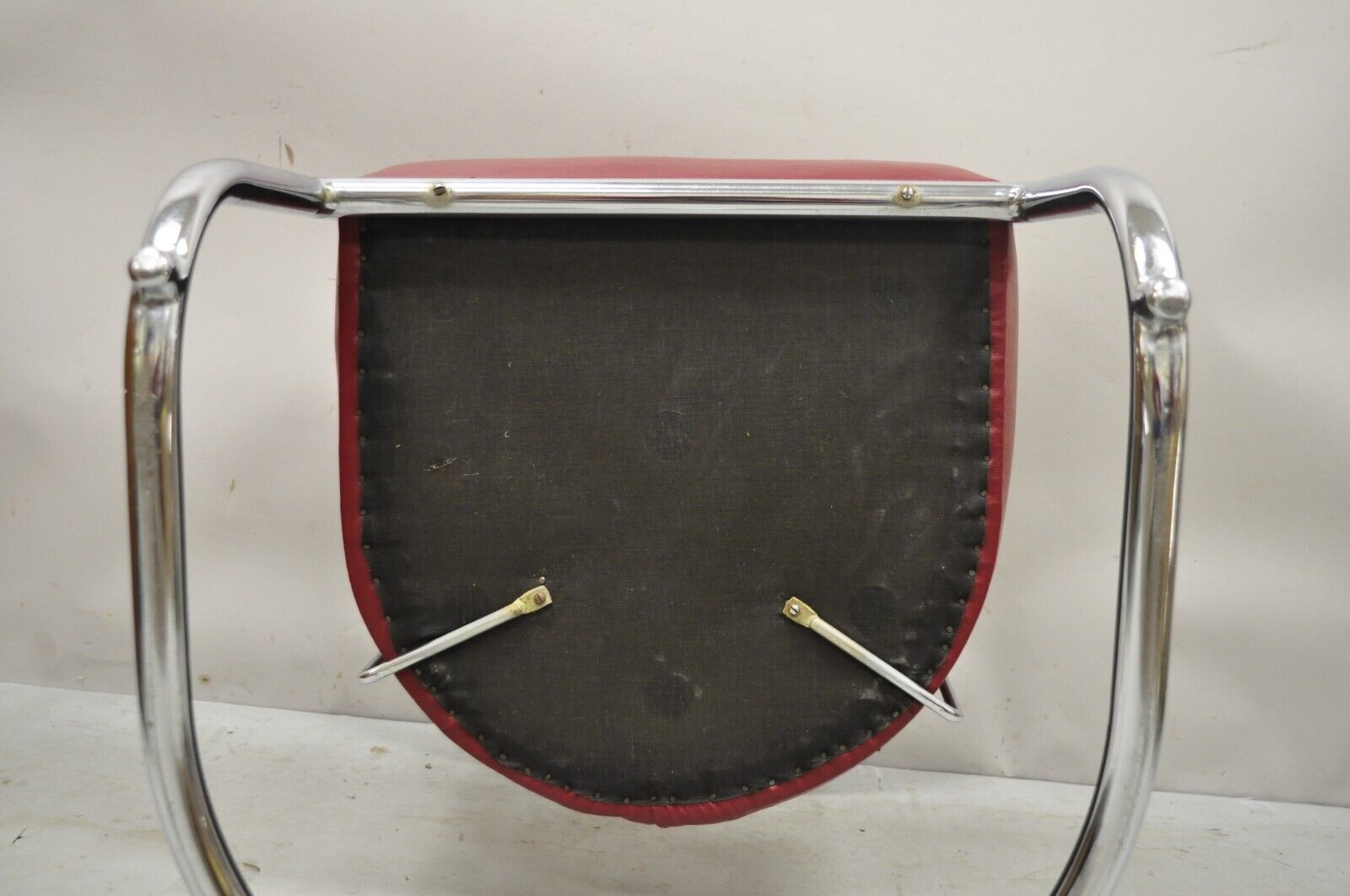 Lloyd Kem Weber Tubular Chrome Steel Red Vinyl Cantilever Arm Chair