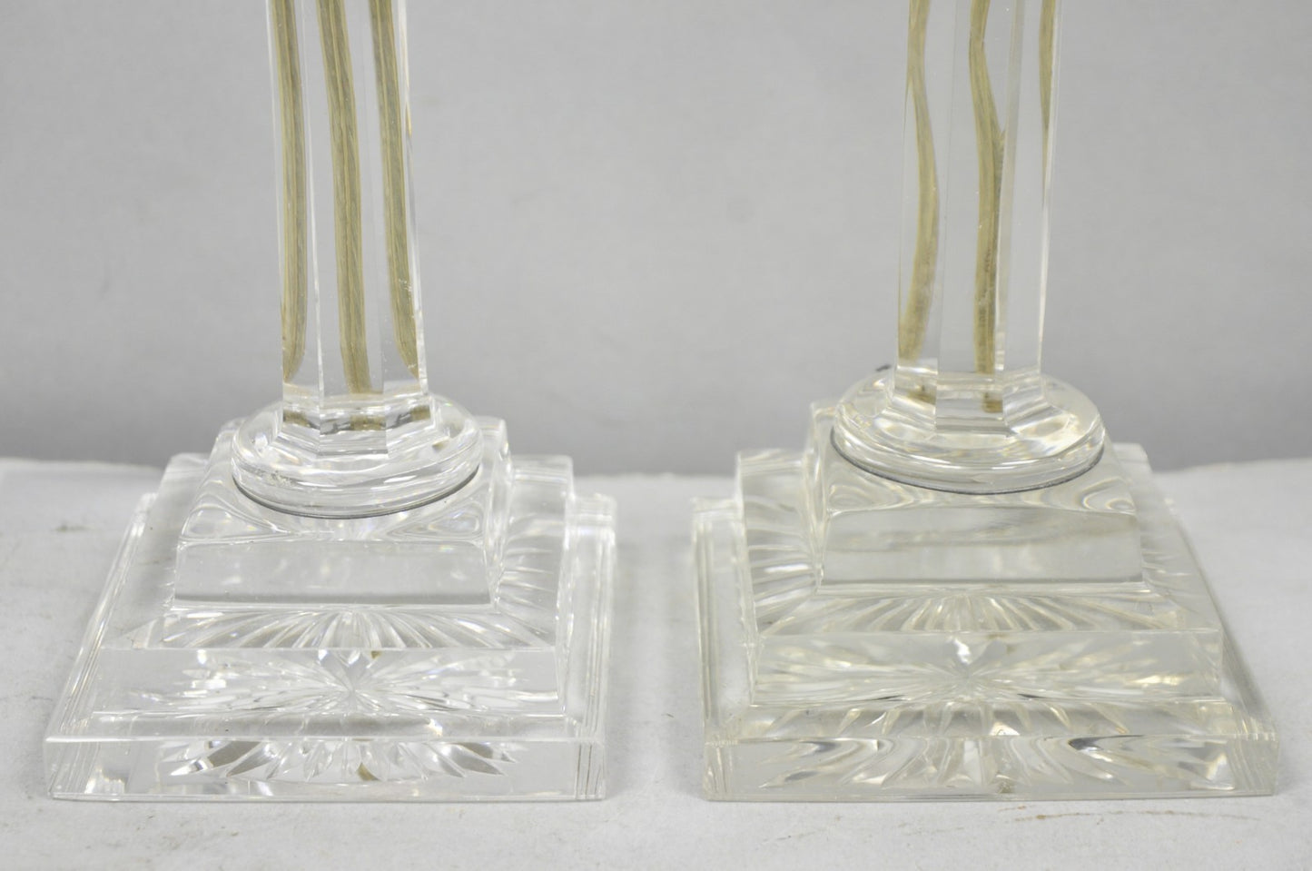 Antique Brass Corinthian Column Crystal Glass Candlestick Small Table Lamps Pair