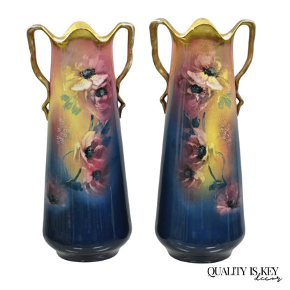 French Art Nouveau Floral Painted Blue Pink Porcelain Austrian 17" Vase - Pair