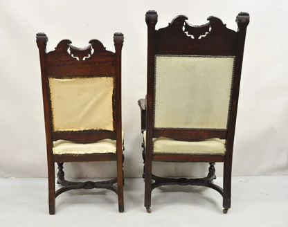 RJ Horner Attr Renaissance Figural Lion Carved Oak Wood Dining Chairs - Set of 6