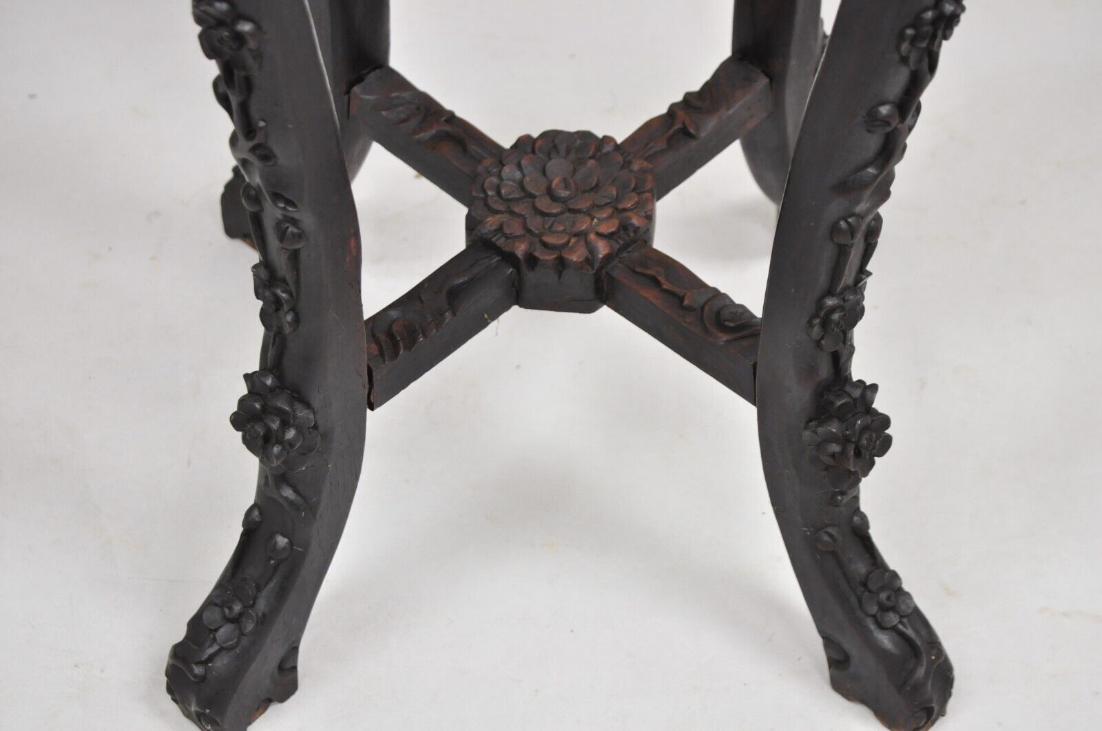 Antique Chinese Carved Hardwood Marble Top Oriental Plant Stand Side Table