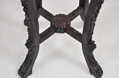 Antique Chinese Carved Hardwood Marble Top Oriental Plant Stand Side Table