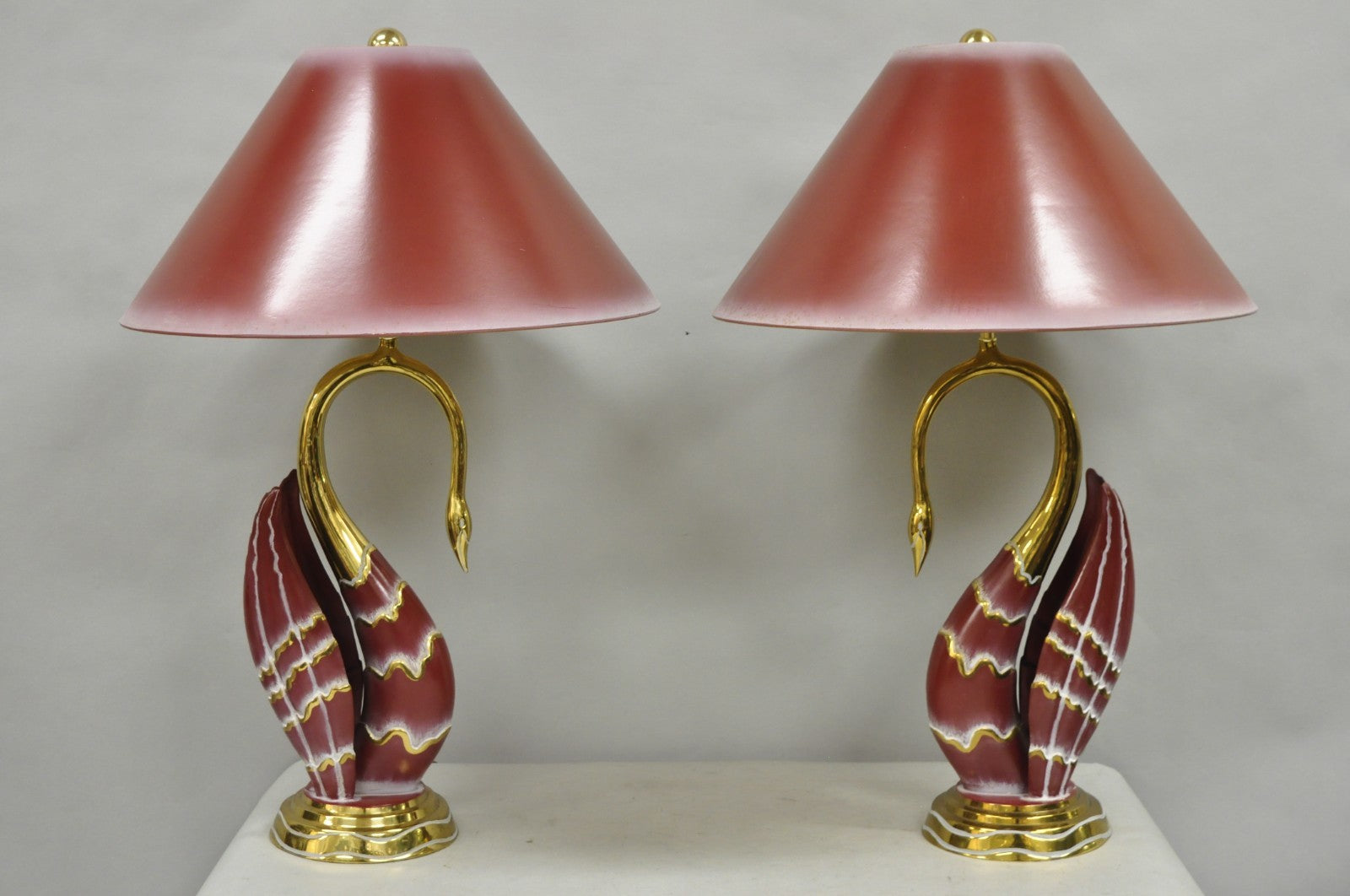 Vintage Art Nouveau Modern Brass Figural Swan Gold Red Table Lamps w Shades Pair