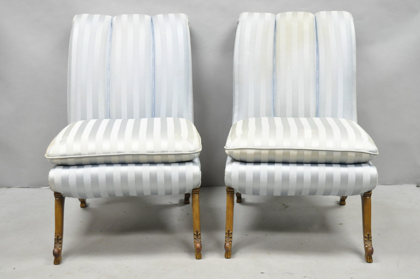 French Hollywood Regency Carved Walnut Rolled Back Slipper Lounge Chair - a Pair