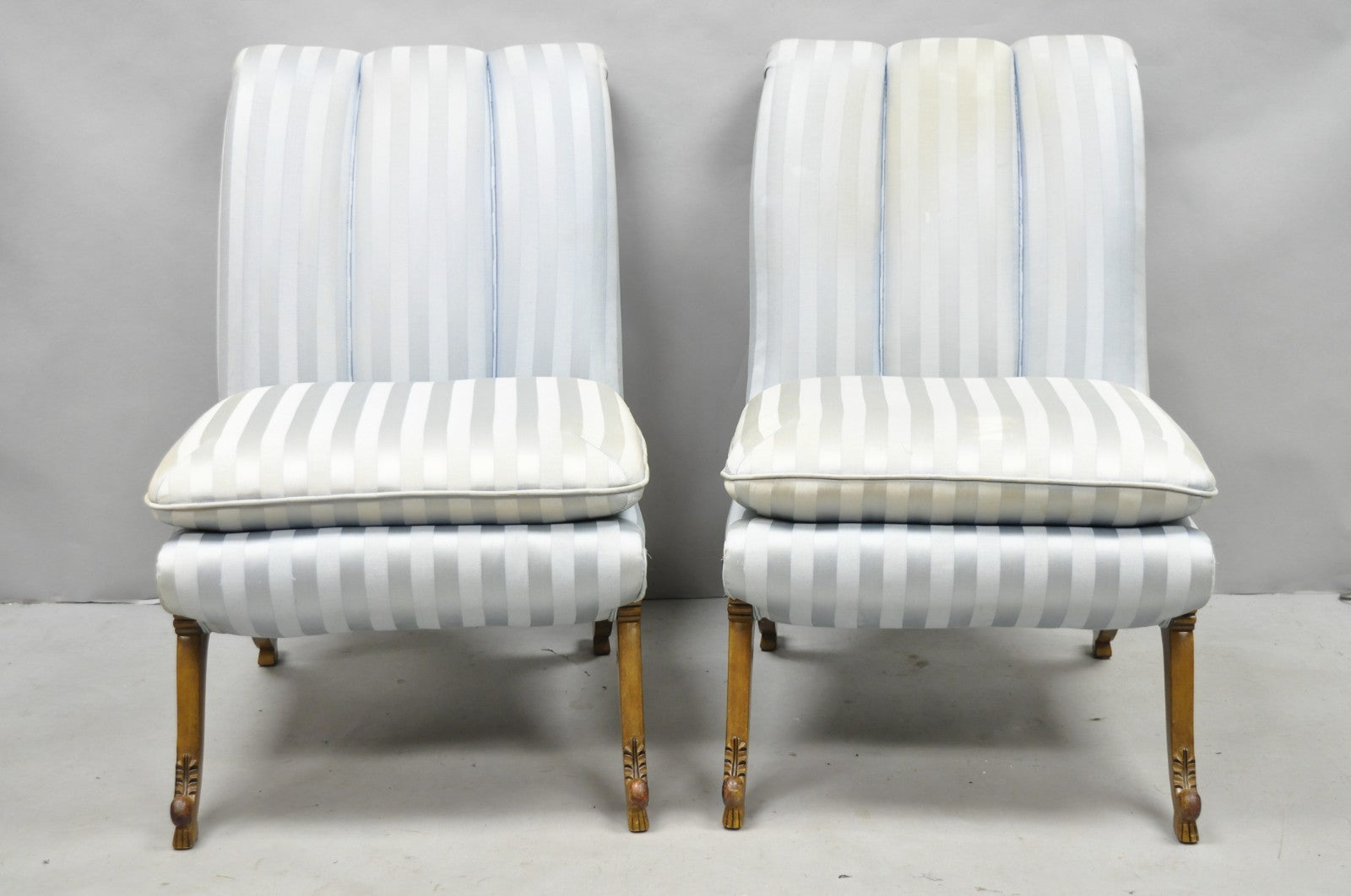 French Hollywood Regency Carved Walnut Rolled Back Slipper Lounge Chair - a Pair