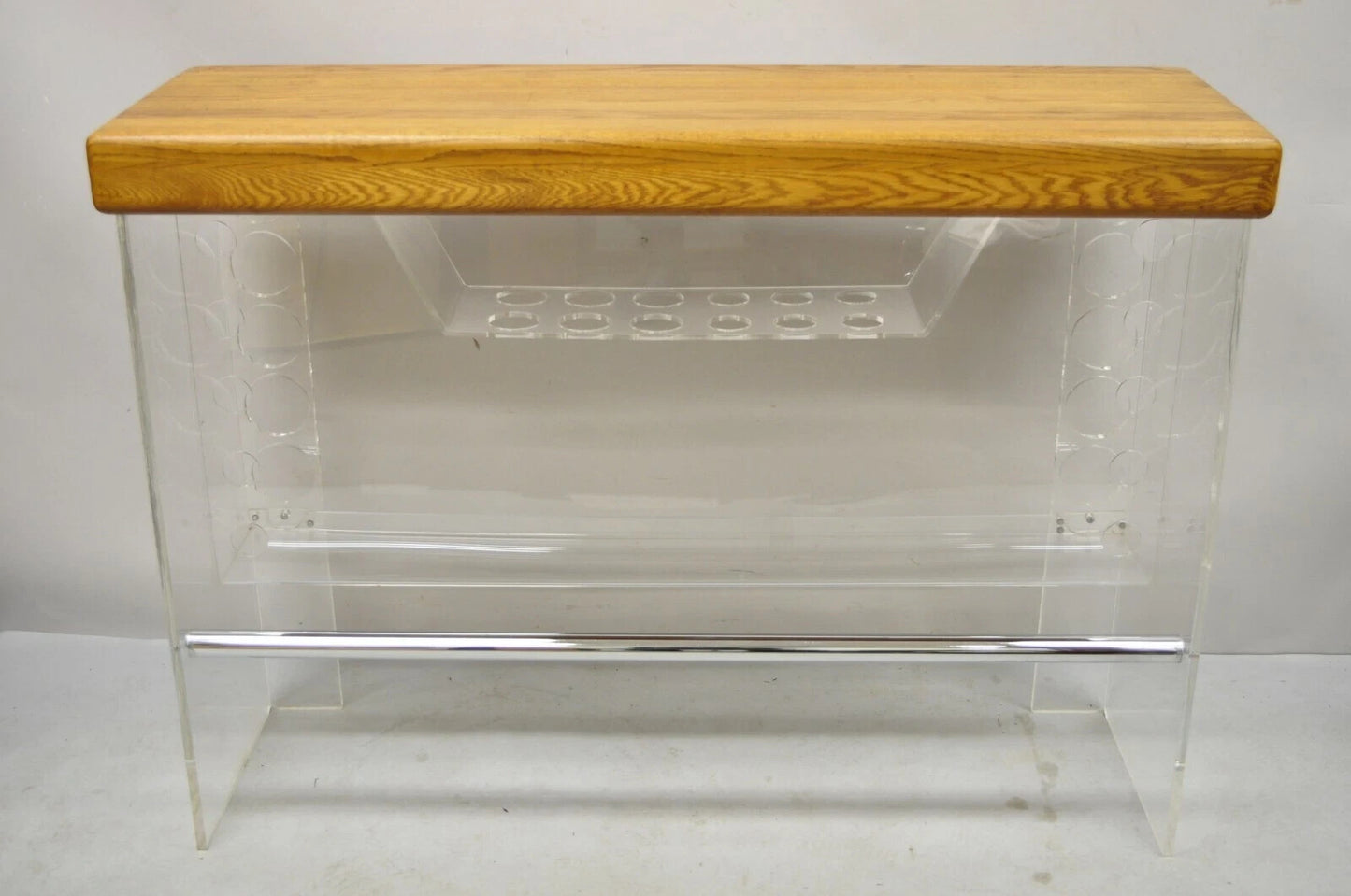Vintage Mid Century Modern Lucite and Oak Wood Butcher Block Liquor Bar Table