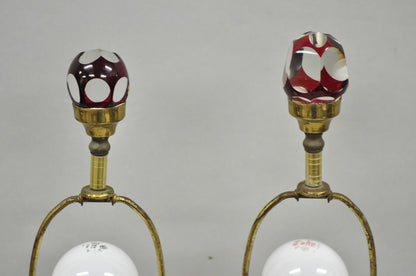 Antique Bohemian Cranberry Ruby Red Cut to Clear Glass Table Lamps - a Pair