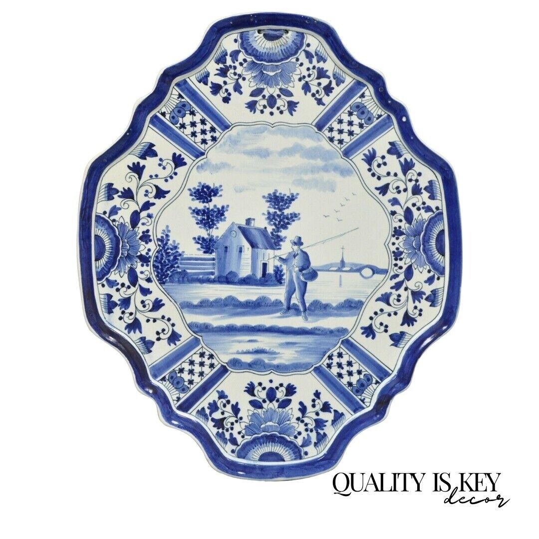 Vintage Blue White Porcelain Delf Style Italian Fisherman Wall Art Charger Plate