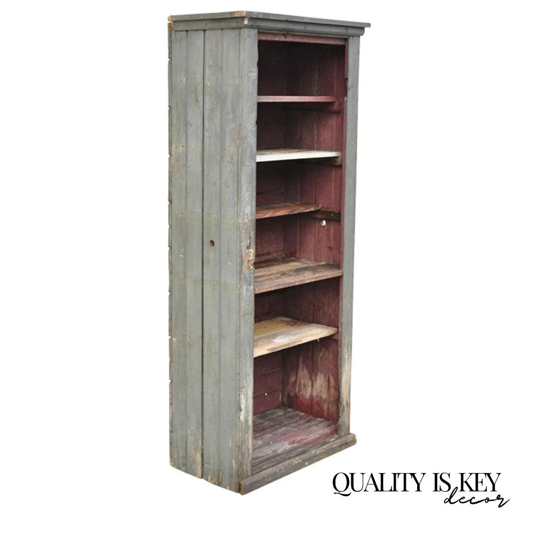 Antique American Primitive Blue Green Distress Painted Bookcase Cupboard Cabinet