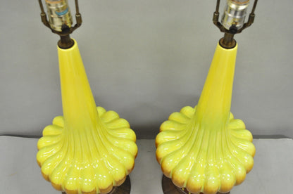 Vintage Mid Century Modern Yellow Brown Sculpted Ceramic Pottery Table Lamp Pair