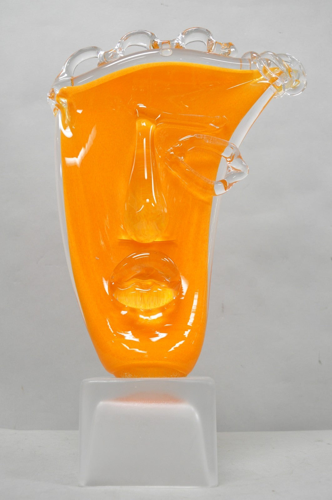 Ion Tamaian Postmodern Orange Blown Art Glass 20" Large Abstract Face Sculpture
