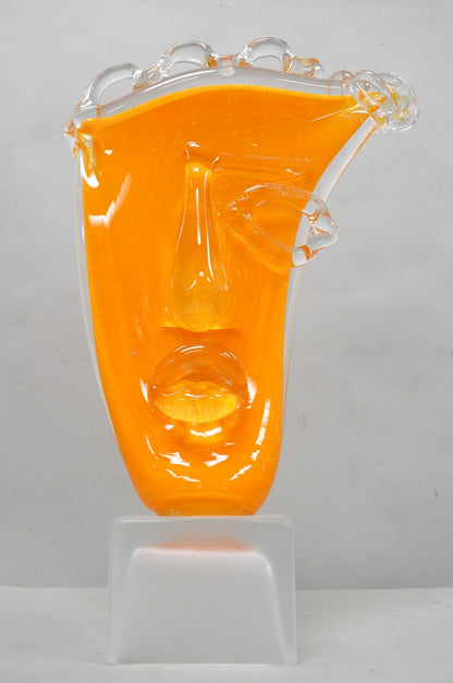 Ion Tamaian Postmodern Orange Blown Art Glass 20" Large Abstract Face Sculpture