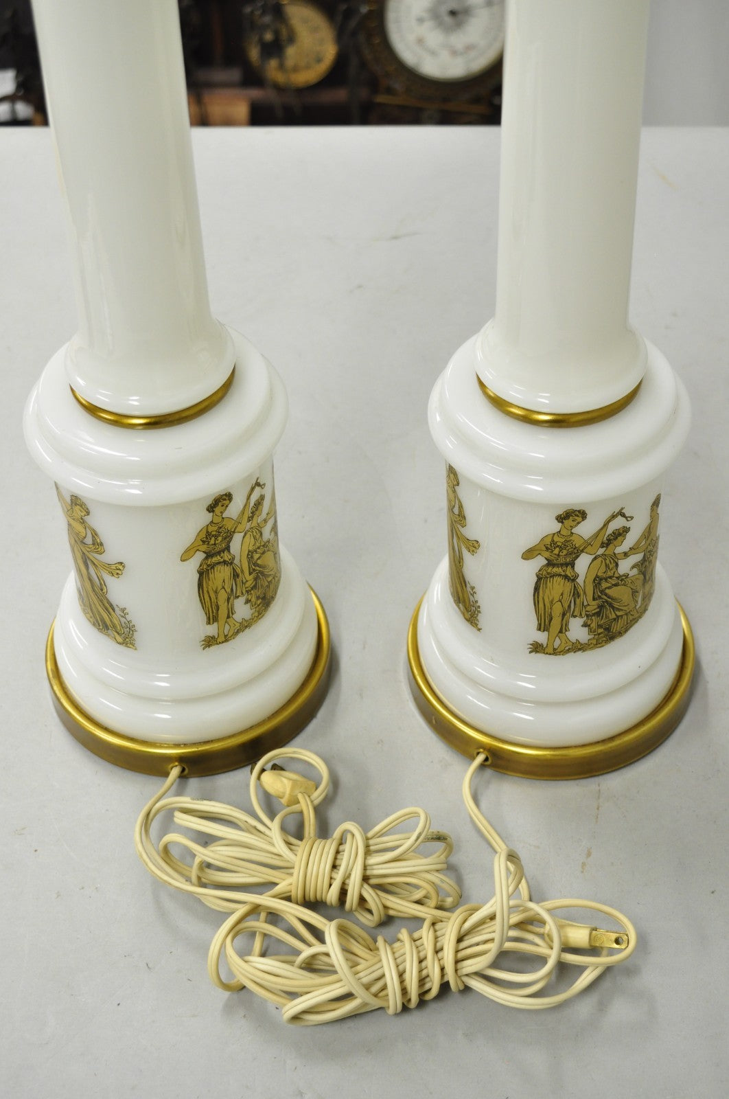 Vintage Italian Neoclassical White Milk Glass Empire Column Table Lamps - a Pair