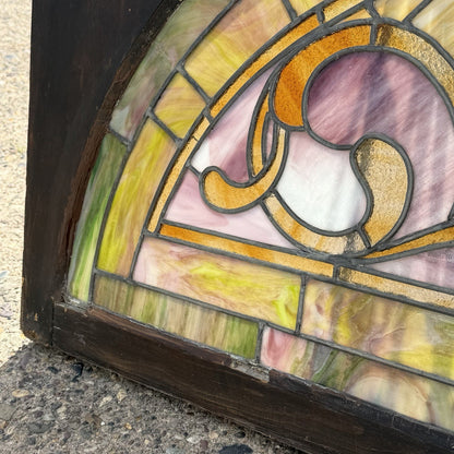 Antique Art Nouveau Colored Stained Glass Fruit 27 x 75 Arched Transom Window, A