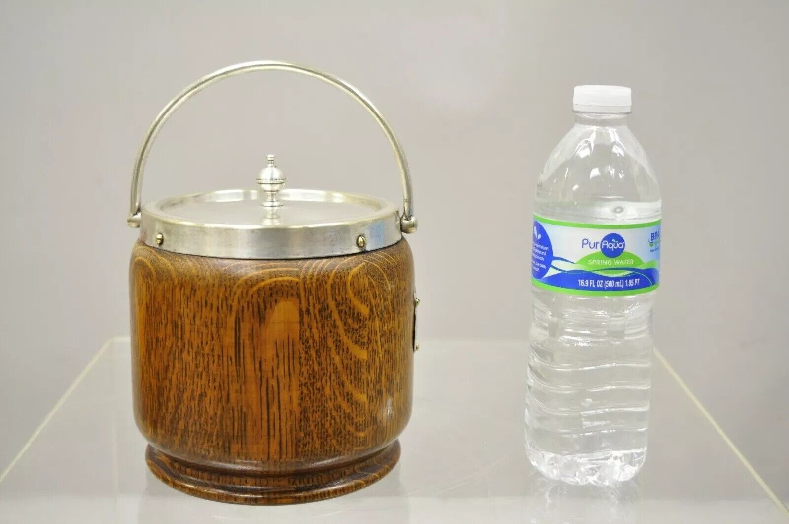 Antique H.C. & C. English Silver Plate and Oak Biscuit Barrel with Lid and Liner