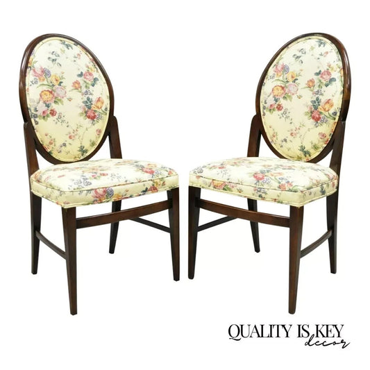 French Art Deco Oval Upholstered Back Mahogany Wood Frame Dining Chairs - a Pair