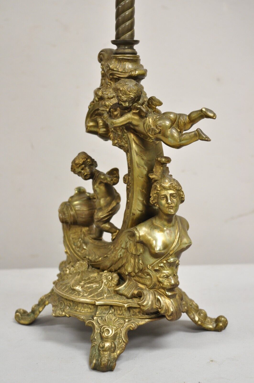 Antique French Louis XV Renaissance Style Figural Bronze Cherub Putti Table Lamp