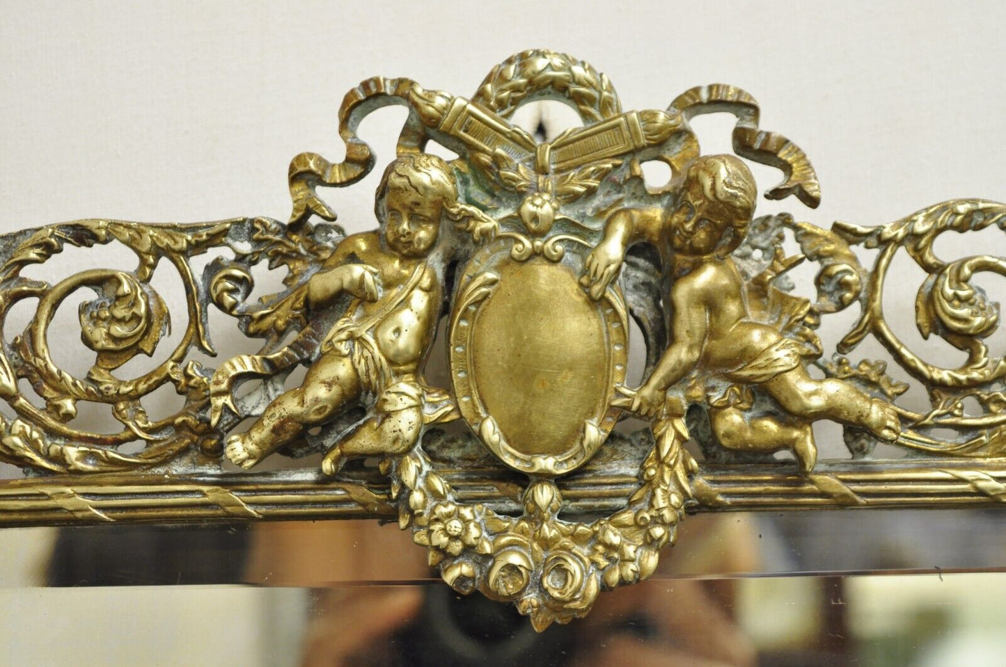 Antique French Renaissance Louis XV Gilt Bronze Figural Cherubs Beveled Mirror