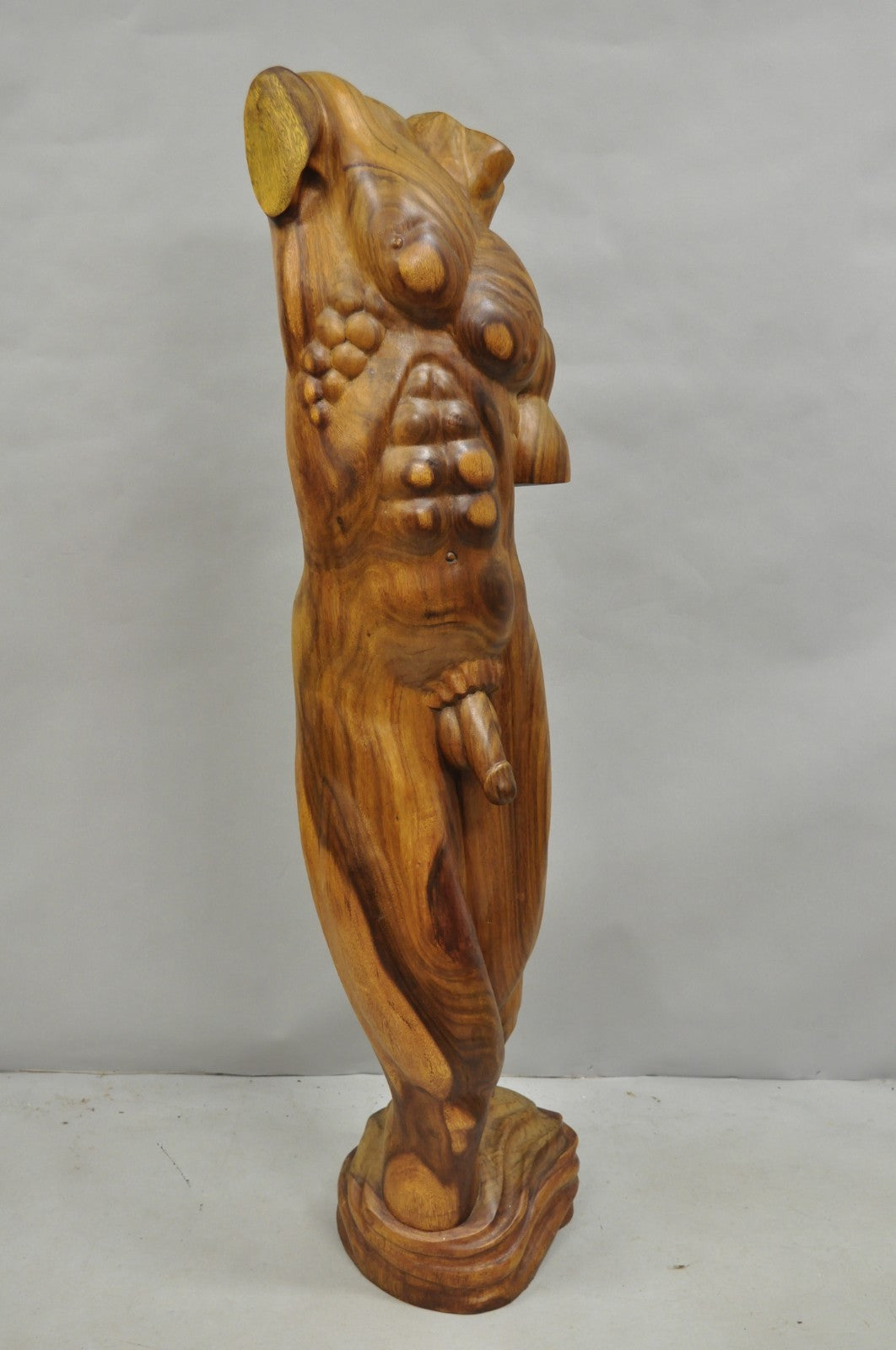 Vintage Mid Century Modern 60" Life-Size Nude Male Carved Wood Statue Sculpture