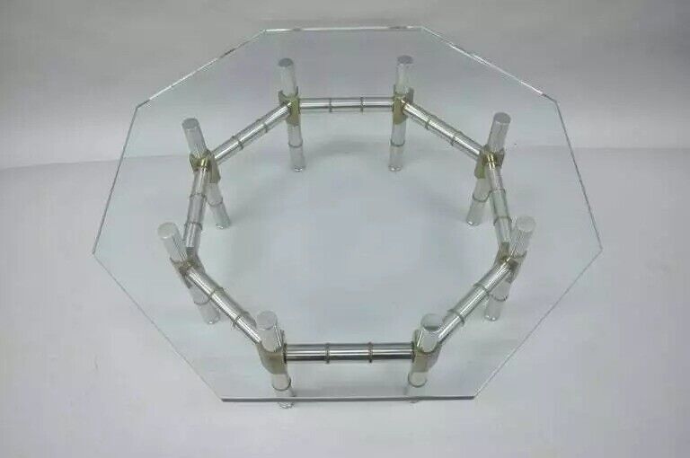 Mid Century Modern Chrome and Brass Faux Bamboo Octagonal Glass Top Coffee Table
