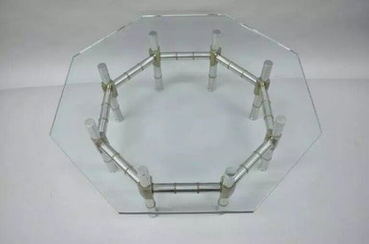 Mid Century Modern Chrome and Brass Faux Bamboo Octagonal Glass Top Coffee Table