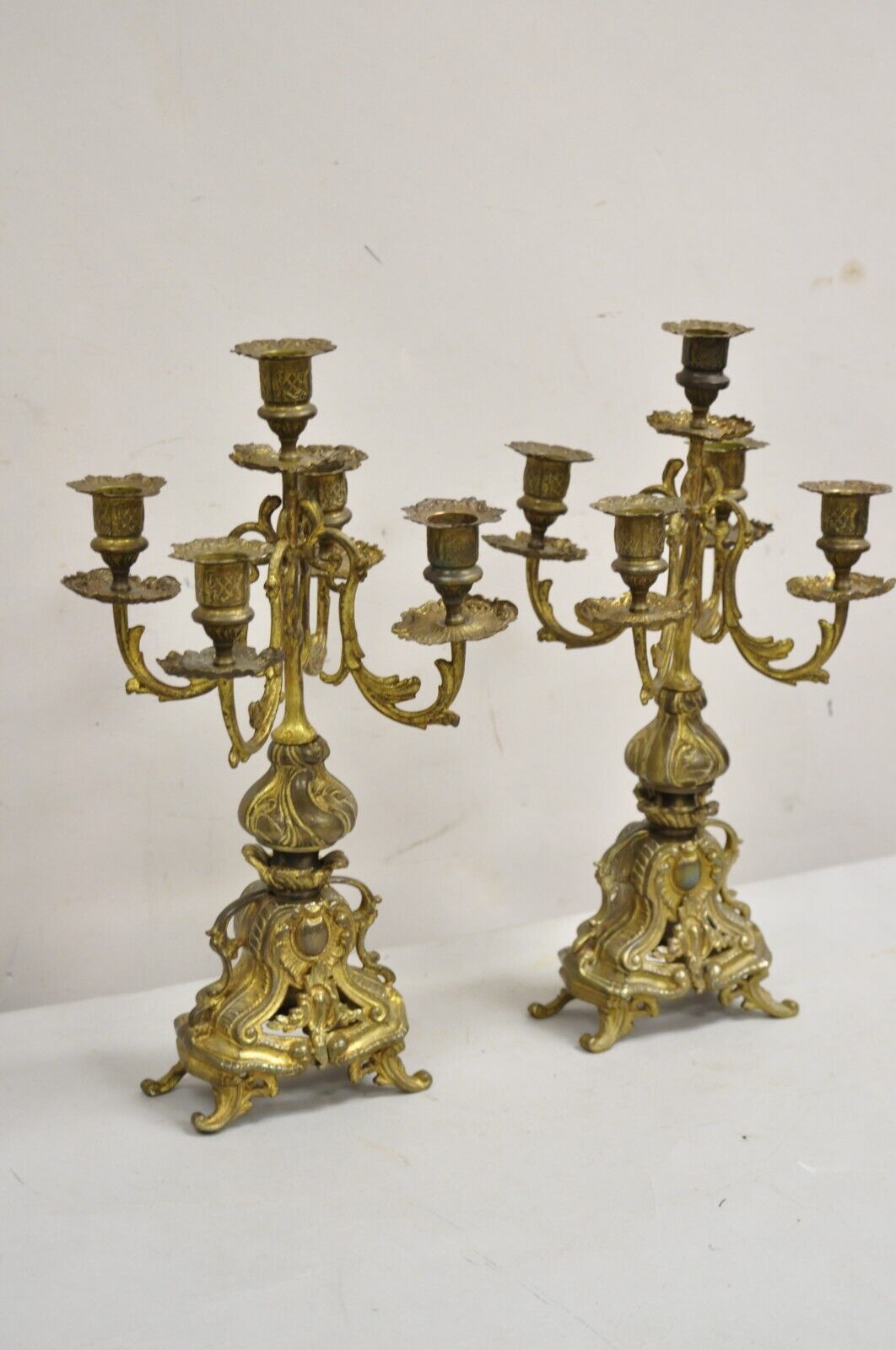 Vintage French Rococo Louis XV Style Small Ornate Brass Candelabra - a Pair