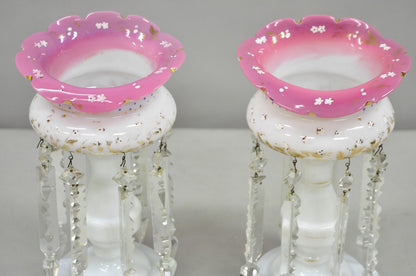 Antique Czech Victorian Bohemian Pink White Mantel Lusters Lustres - a Pair