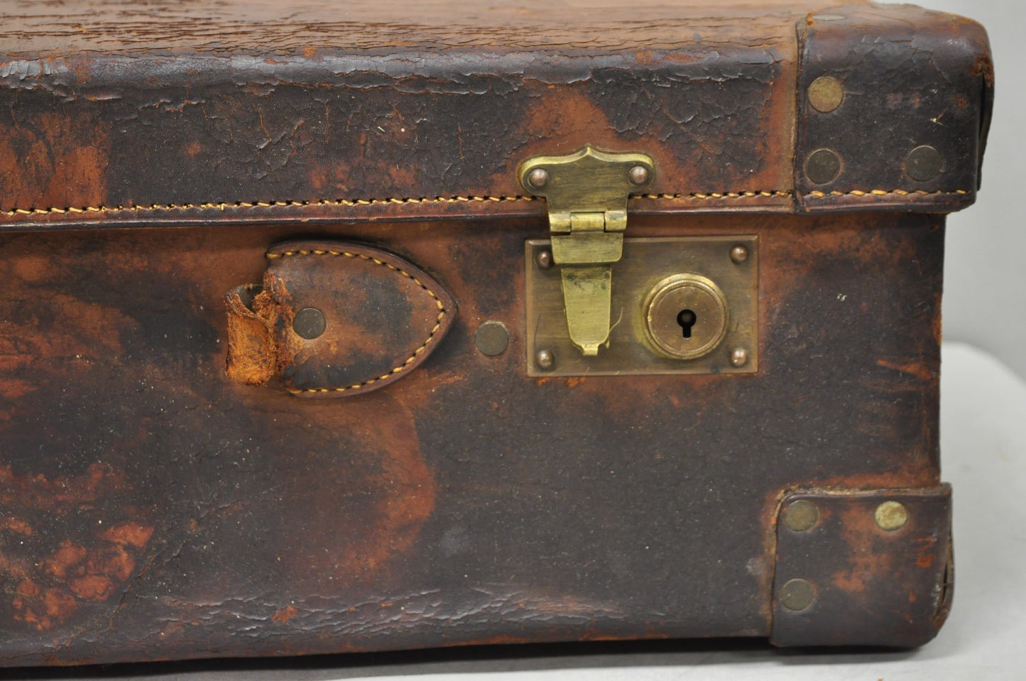 Antique Distressed Brown Leather English Art Deco 24" Suitcase Bag