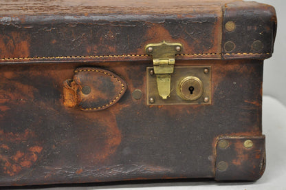 Antique Distressed Brown Leather English Art Deco 24" Suitcase Bag