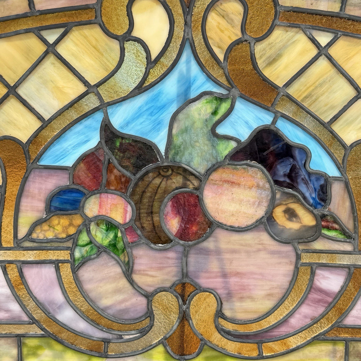 Antique Art Nouveau Colored Stained Glass Fruit 27 x 75 Arched Transom Window, A