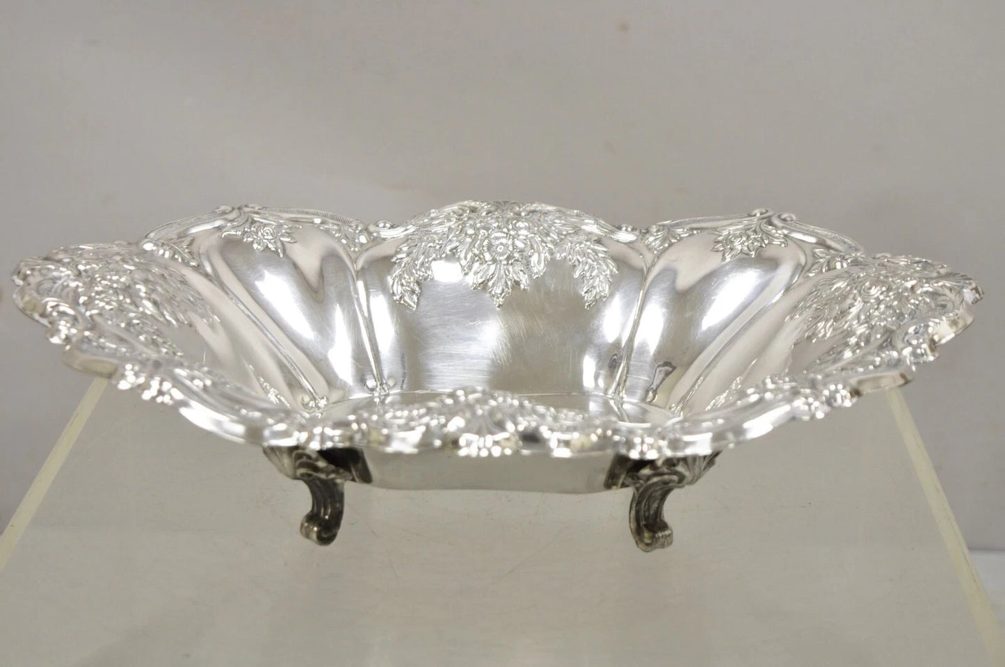 Victorian Silver Plated Floral Repousse Trinket Dish Serving Fruit Bowl Platter