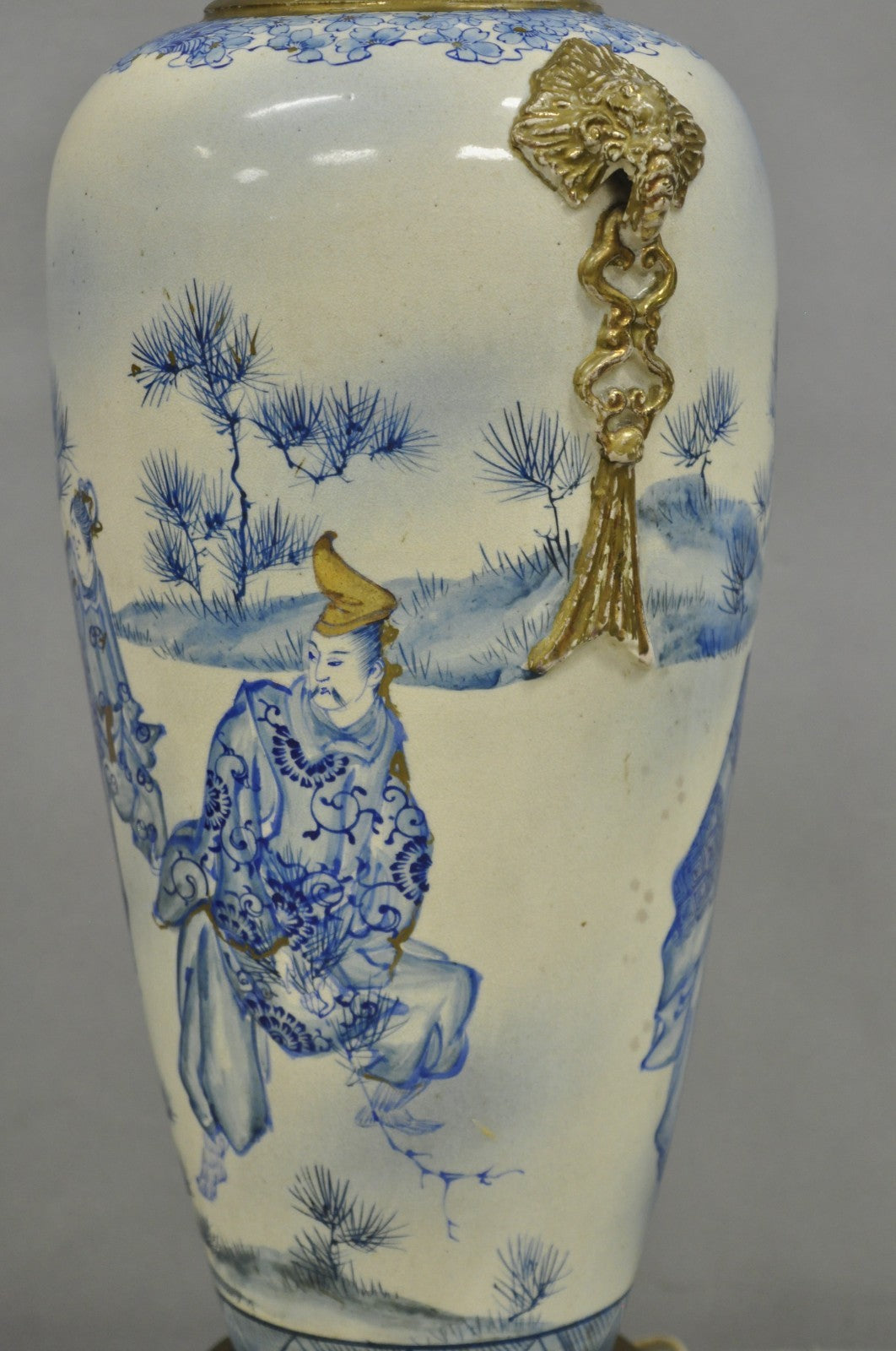 Vintage Japanese Blue White Porcelain Jardinierie Vase Chinoiserie Table Lamp