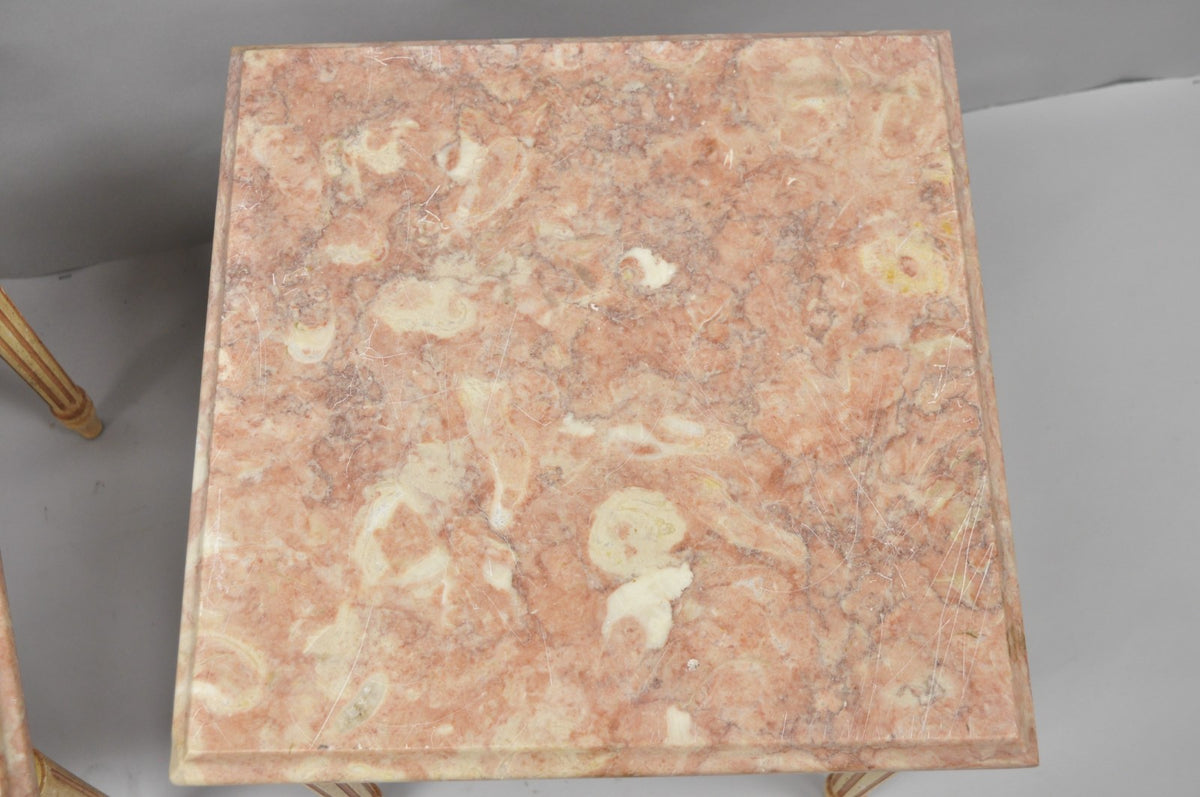 Vintage French Louis XVI Style Pink Marble Top Low Drinks Side Tables - a Pair