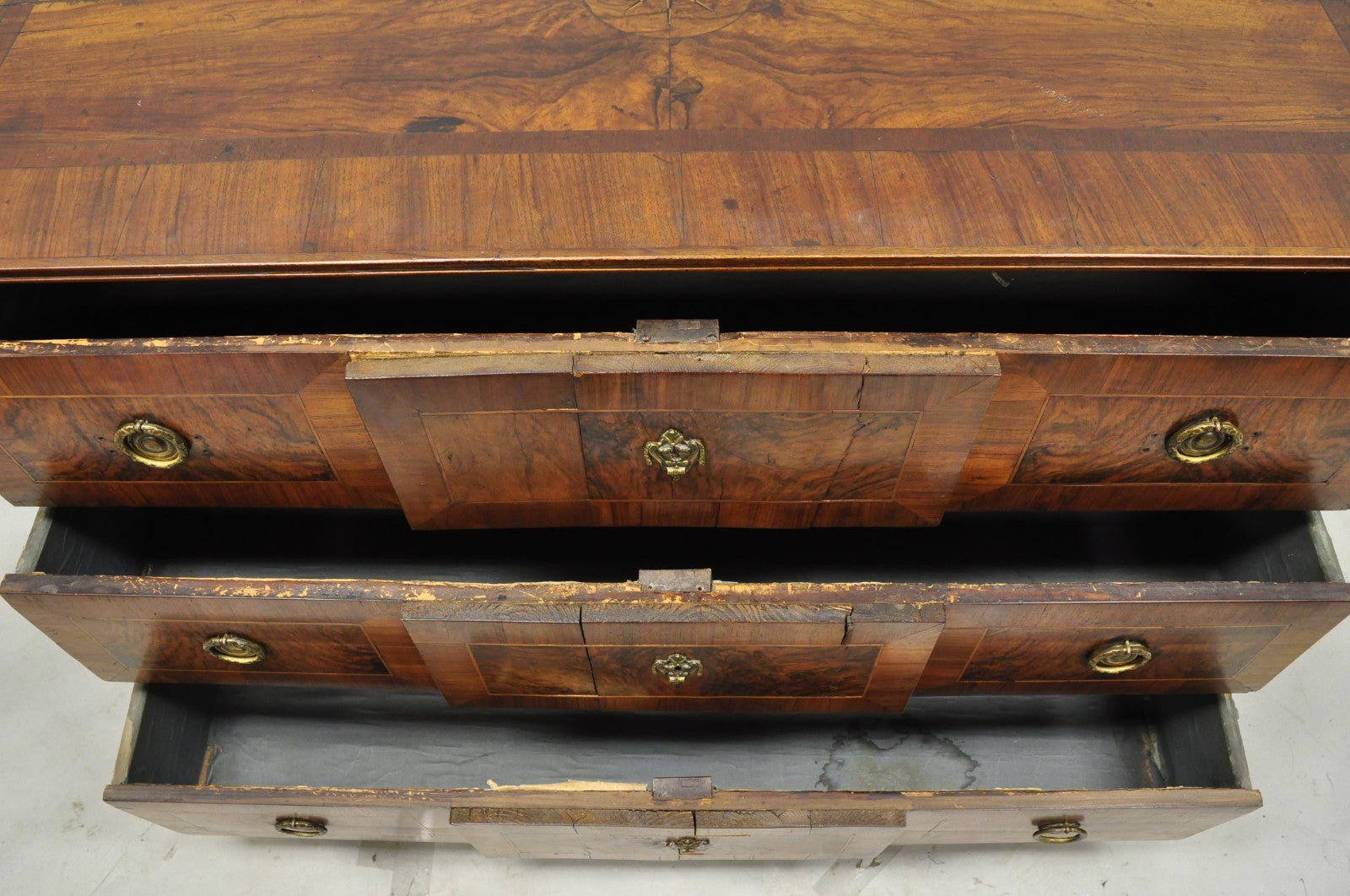 Antique Italian Biedermeier Burr Walnut 3 Drawer Commode Dresser Chest of Drawer