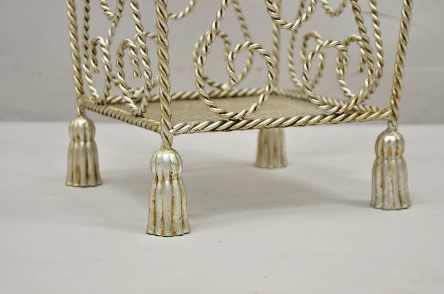 Vintage Italian Hollywood Regency Silver Iron Tassel Wastebasket Trashcan