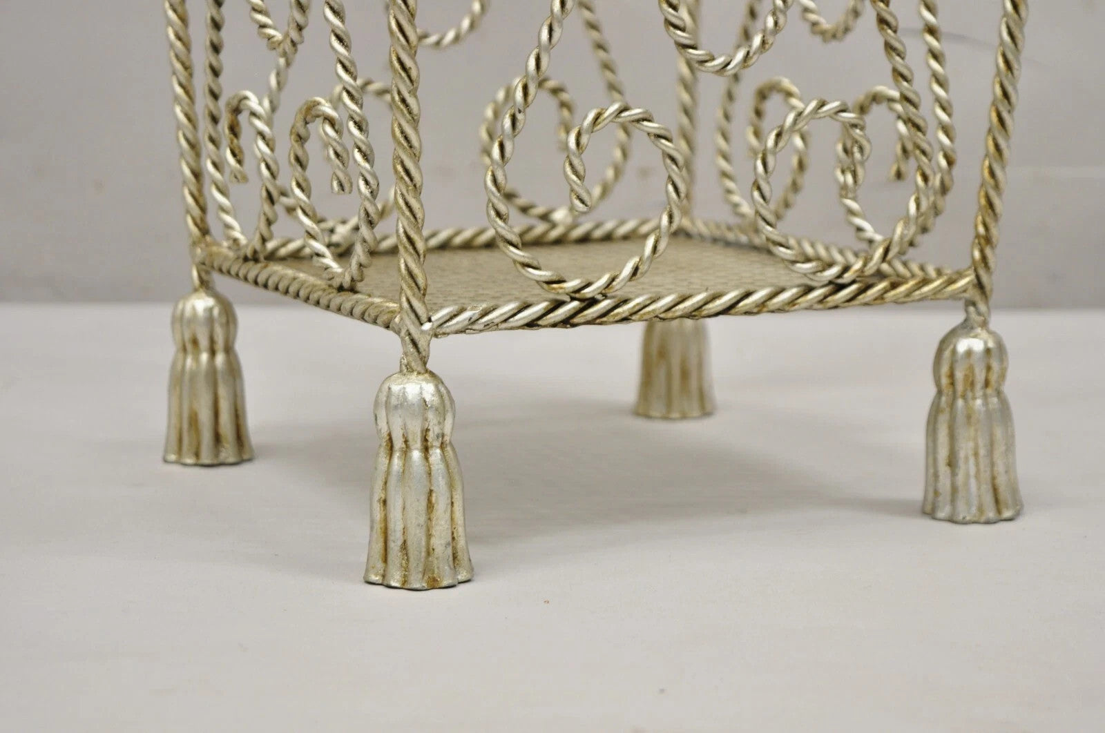 Vintage Italian Hollywood Regency Silver Iron Tassel Wastebasket Trashcan