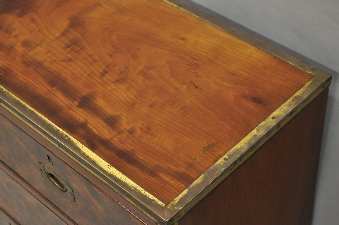 Antique English 4 Drawer Brass Banded Burr Walnut Campaign Chest Dresser