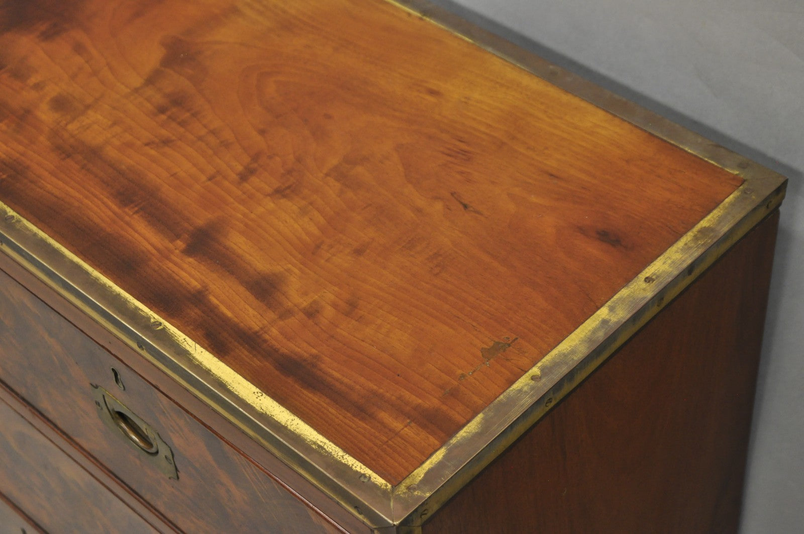 Antique English 4 Drawer Brass Banded Burr Walnut Campaign Chest Dresser