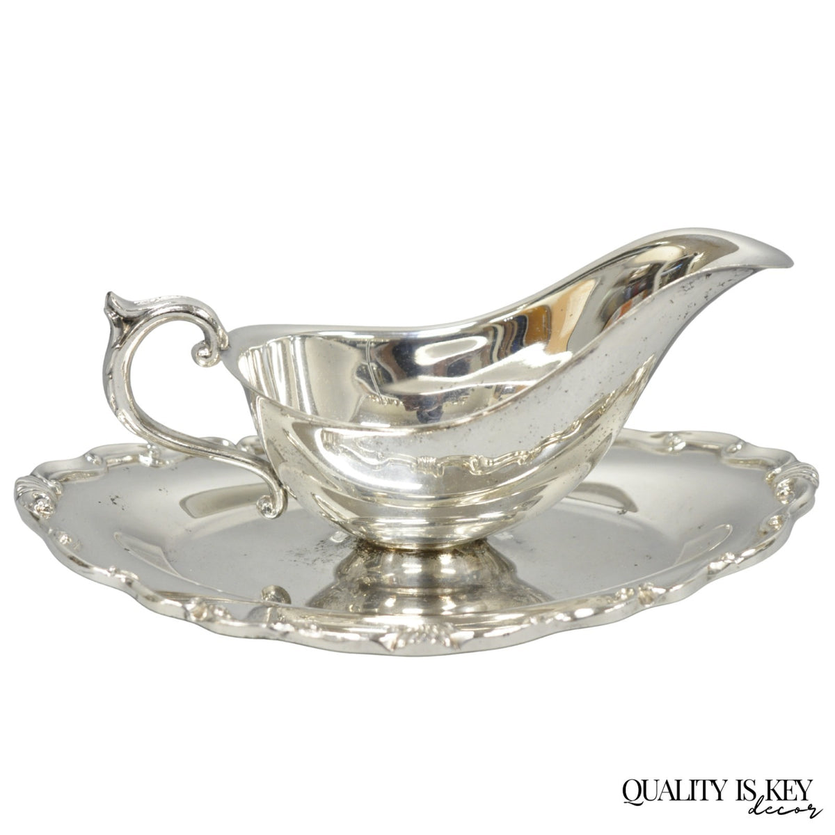 Vintage Victorian Style Silver Plated Gravy Sauce Boat w/ Attached Dish