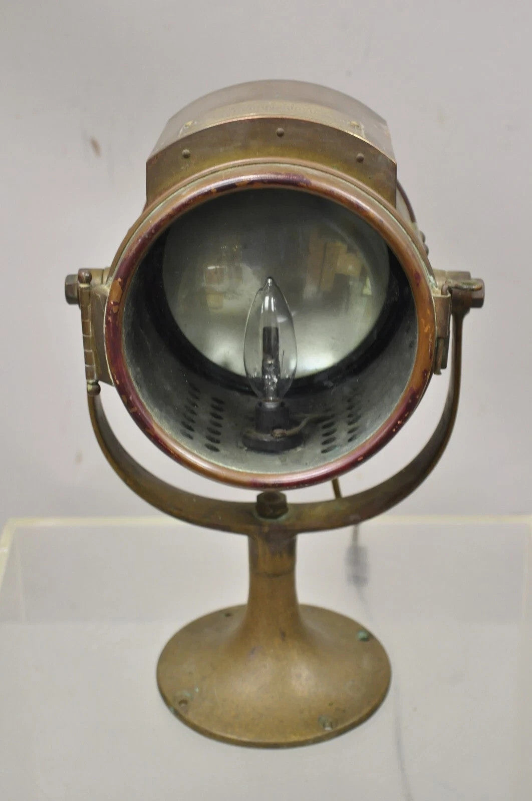 Antique "The Neverout" Searchlight Projector Brass Rose Mfg Maritime Table Lamp