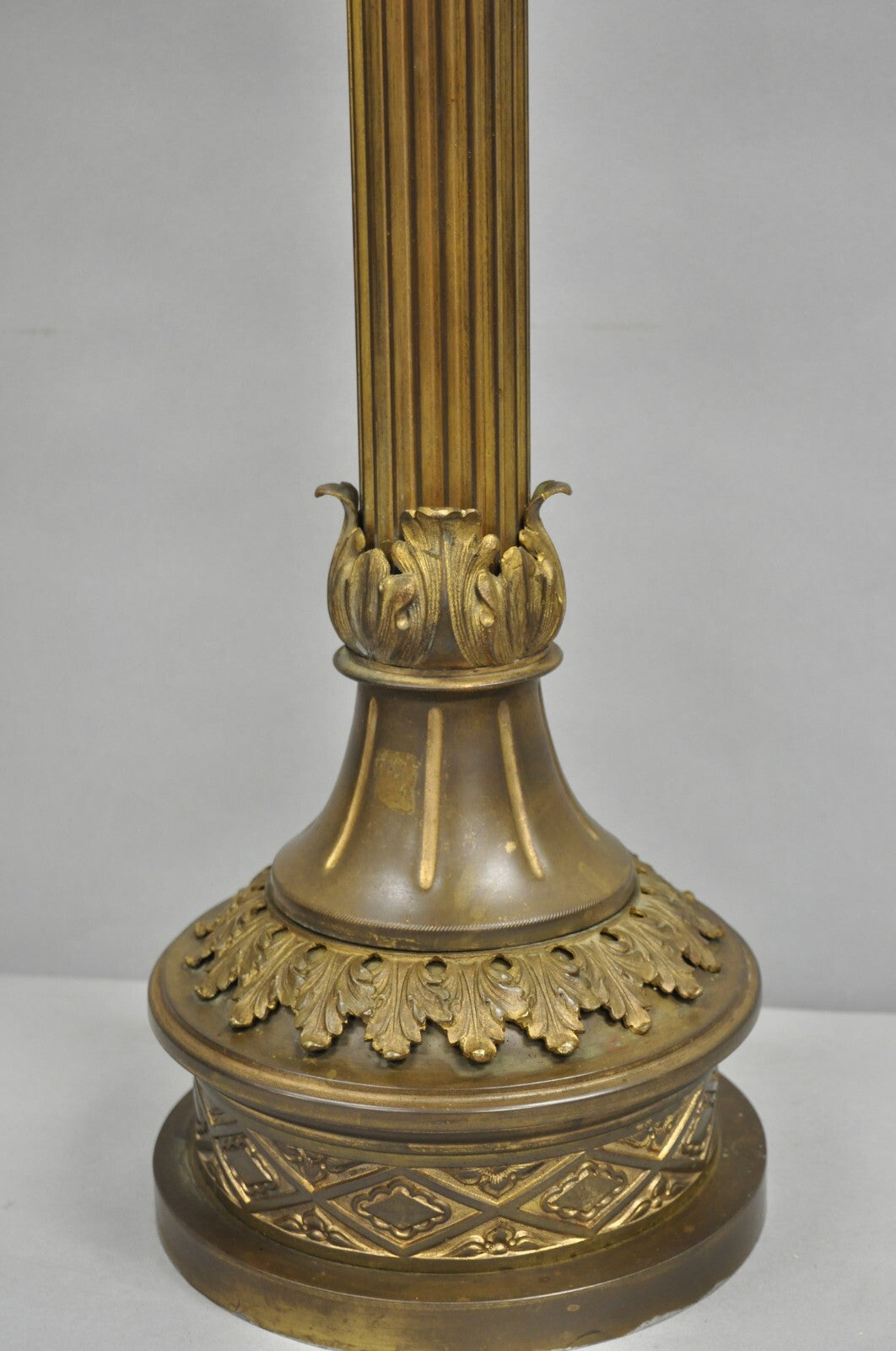 Antique French Empire Patinated Bronze Corinthian Column Candlestick Table Lamp
