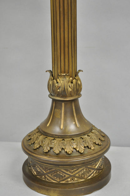 Antique French Empire Patinated Bronze Corinthian Column Candlestick Table Lamp