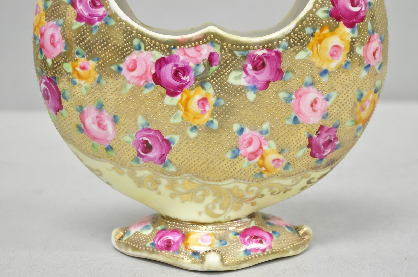 Antique Japanese Nippon Hand Painted Porcelain Gold Gilt Handle Moon Basket Vase