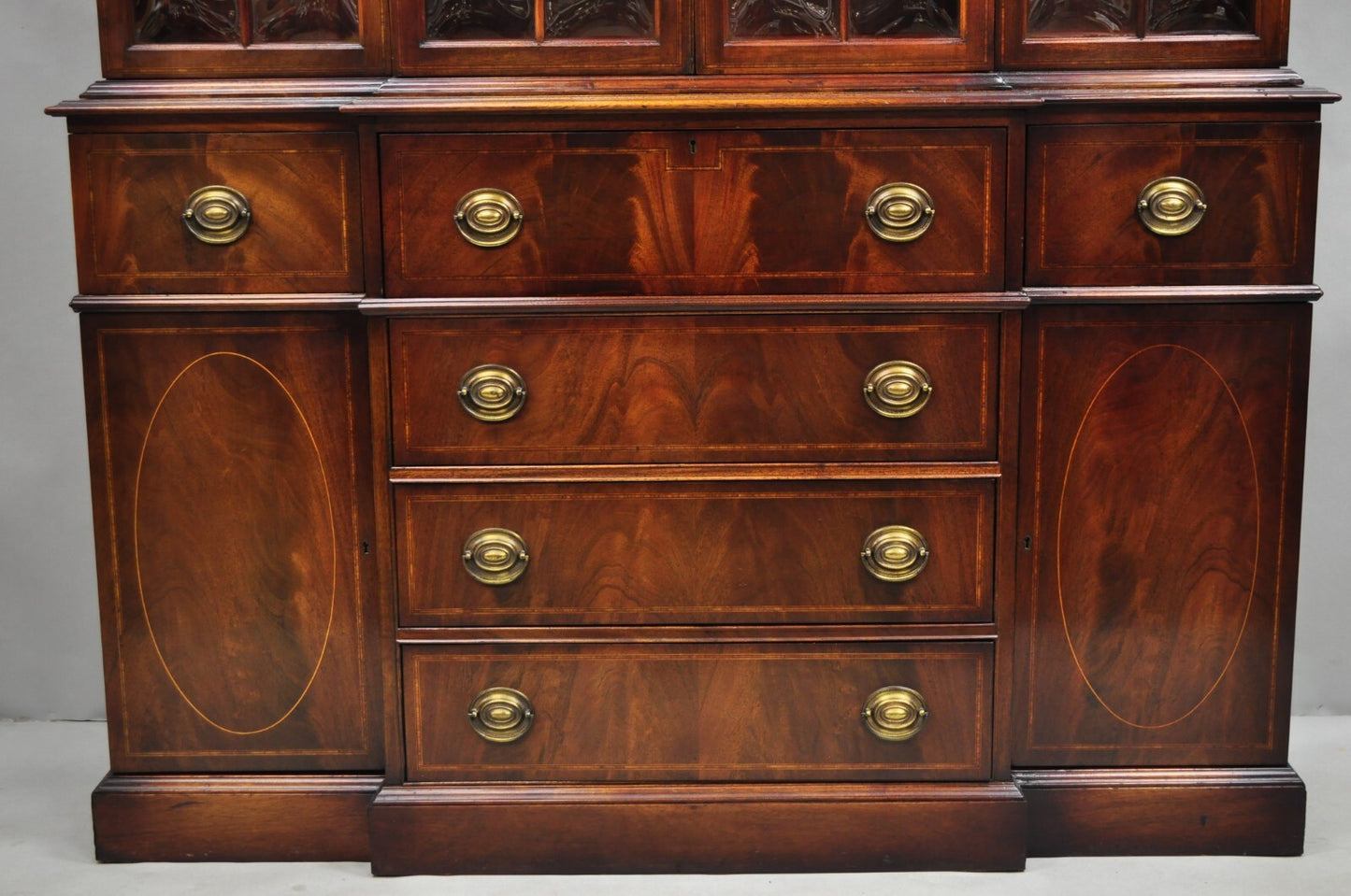 Antique Georgian Mahogany Bubble Glass Breakfront Cabinet Bookcase by Vanleigh